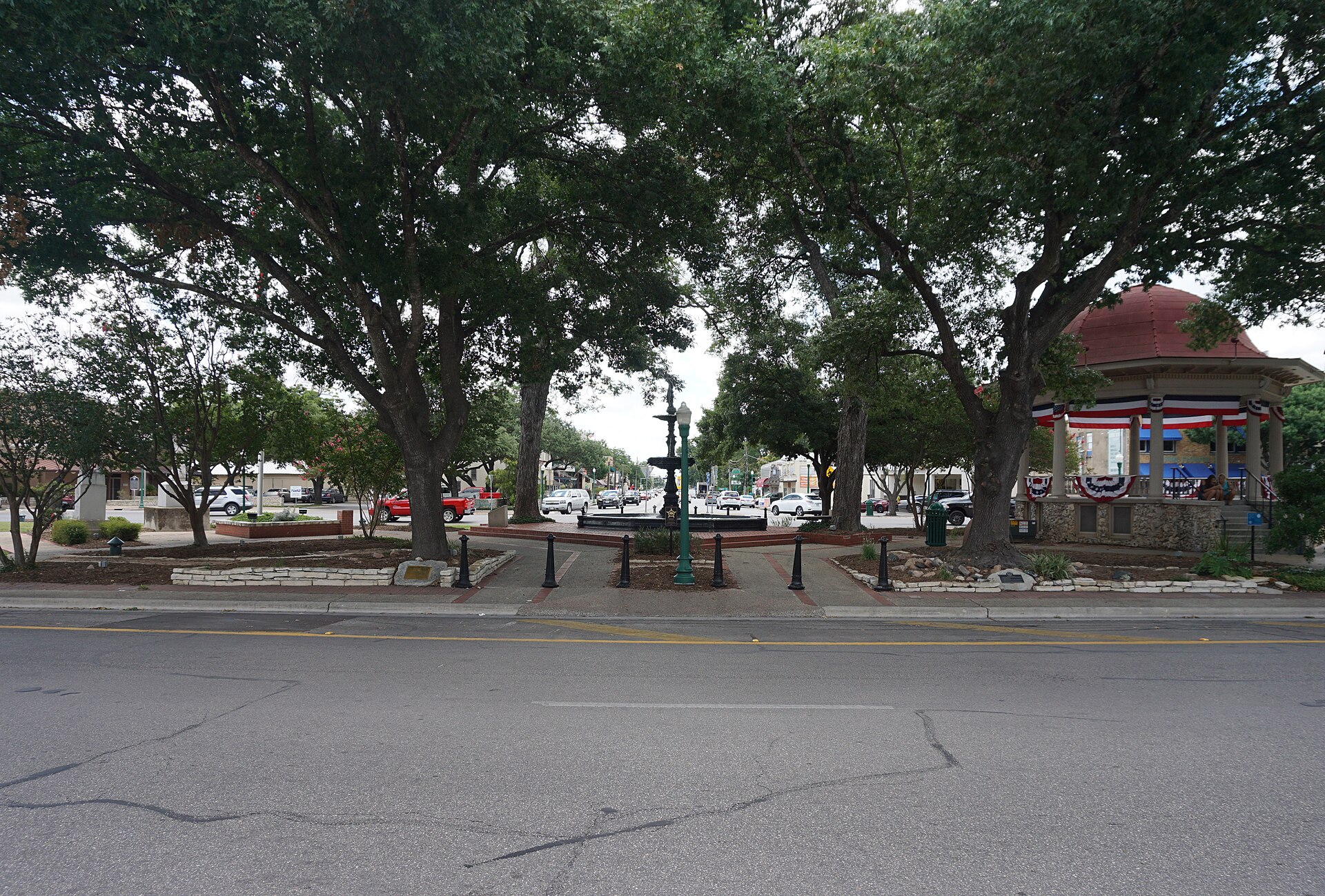 Downtown New Braunfels street with historic storefronts